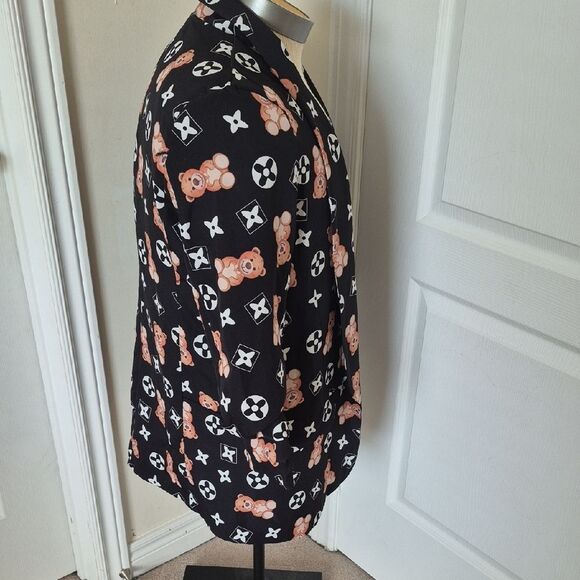 Stylish Black Teddy Bear Print Women's Jacket With Ruffled Sleeves - Picture 6 of 16